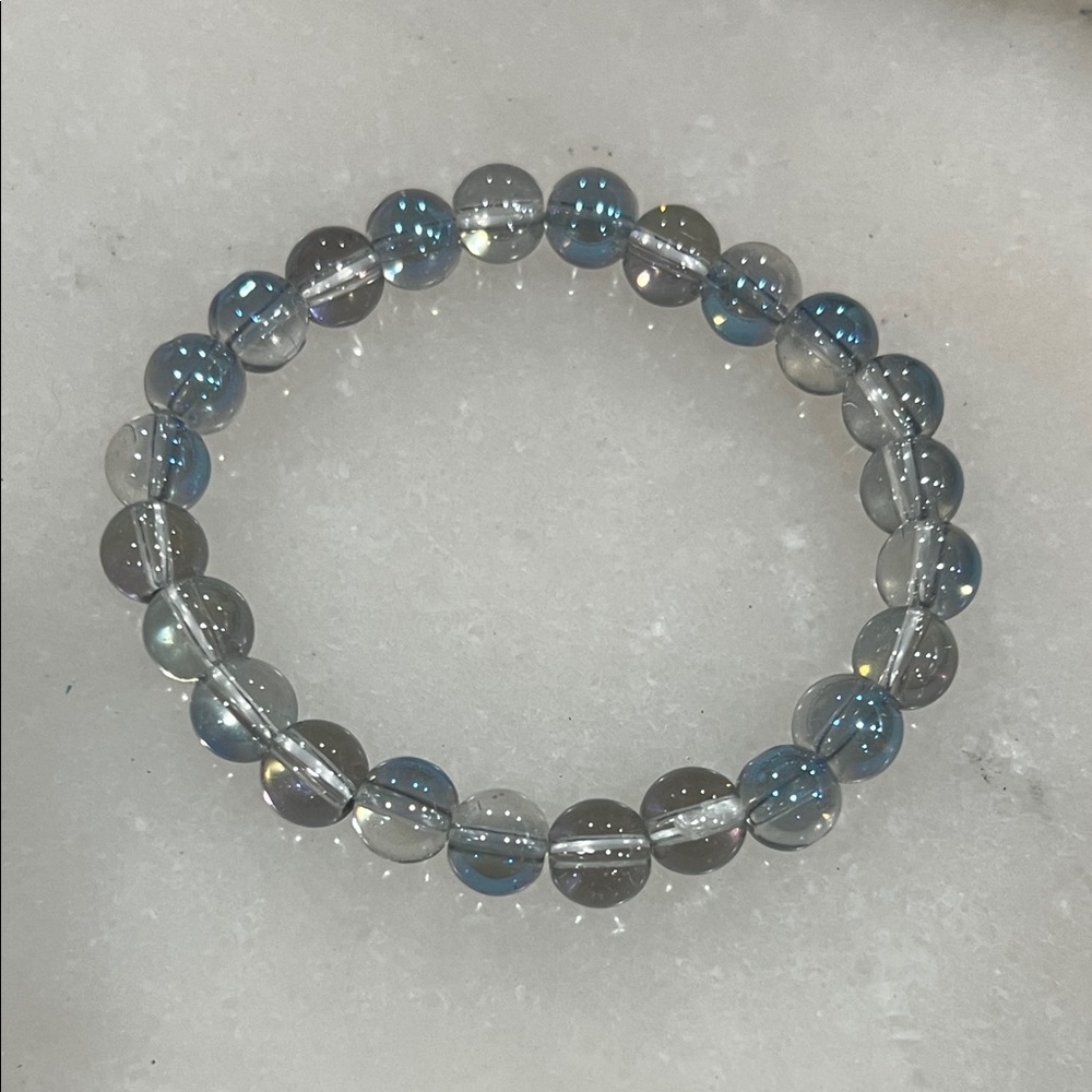 Blue and Gray Glass Beaded Bracelet Handmade Minimalist Stretch Bracelet